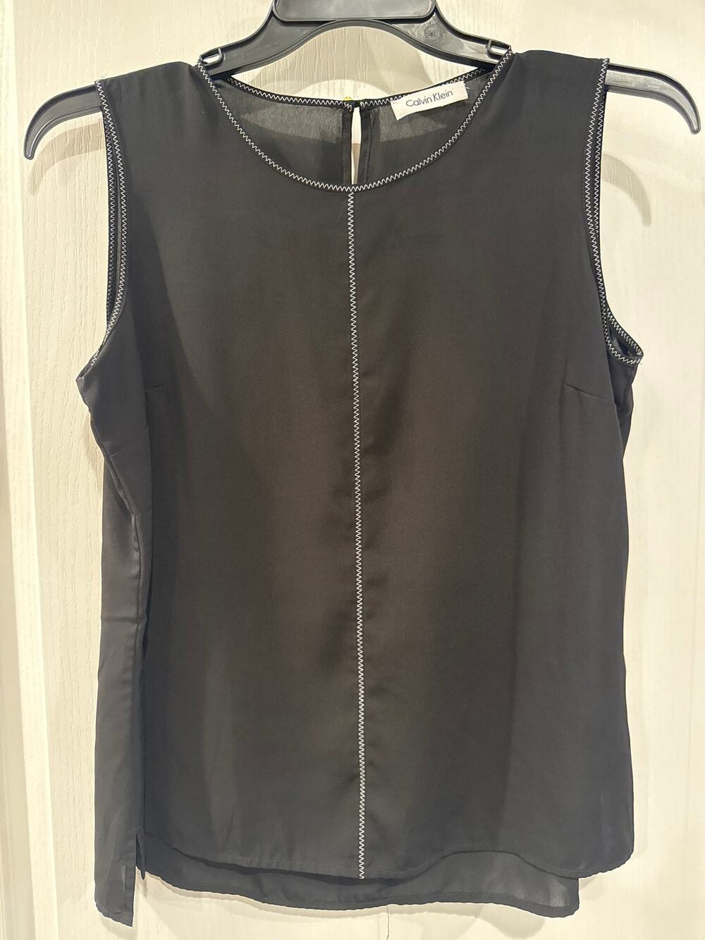 Calvin Klein Black Sleeveless Blouse Contrast Stitch High Low Hem